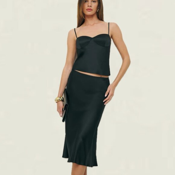 REFORMATION Sia Silk Two-Piece Sleeveless Top and Midi Skirt Set (Black) - Picture 6 of 16